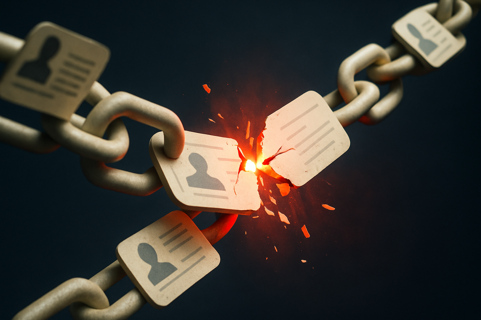 A heavy chain whose every link is an identity card, the centre link shattering apart in a burst of red light.
